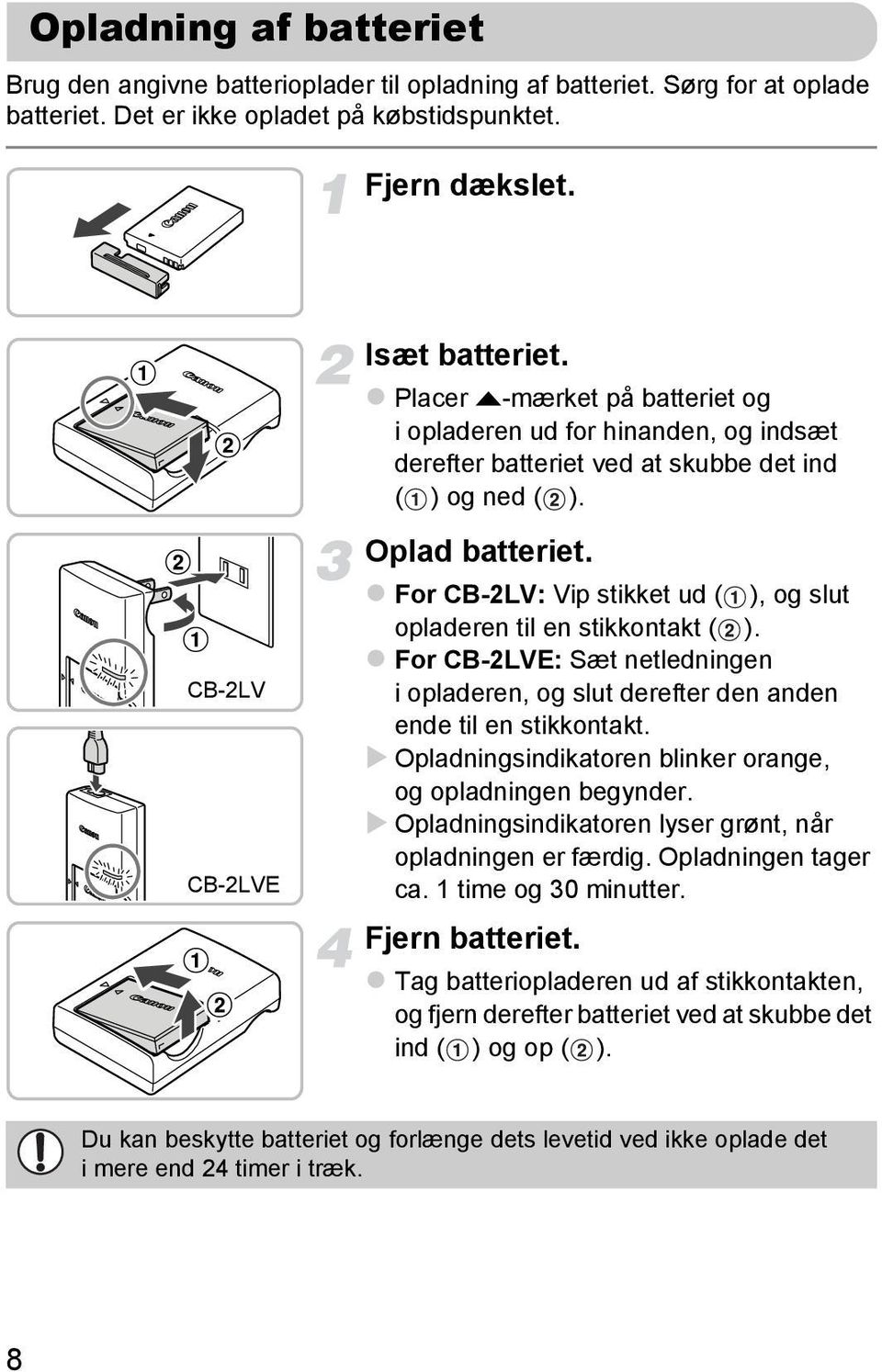 For CB-2LV: Vip stikket ud ( ), og slut opladeren til en stikkontakt ( ). For CB-2LVE: Sæt netledningen i opladeren, og slut derefter den anden ende til en stikkontakt.