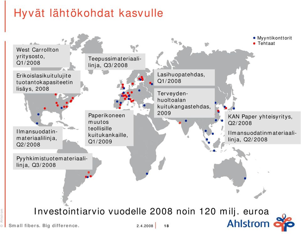 kuitukankaille, Q1/2009 Lasihuopatehdas, Q1/2008 Terveydenhuoltoalan kuitukangastehdas, 2009 KAN Paper yhteisyritys, Q2/2008