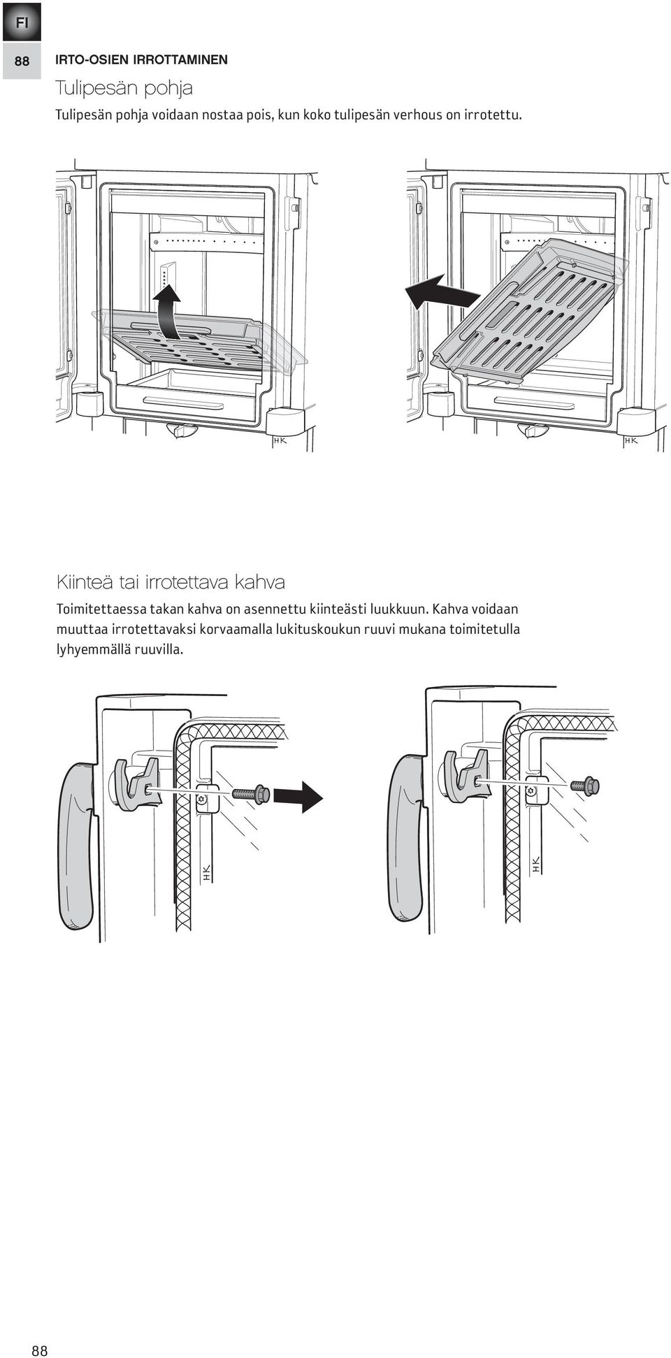 Kiinteä tai irrotettava kahva Toimitettaessa takan kahva on asennettu kiinteästi