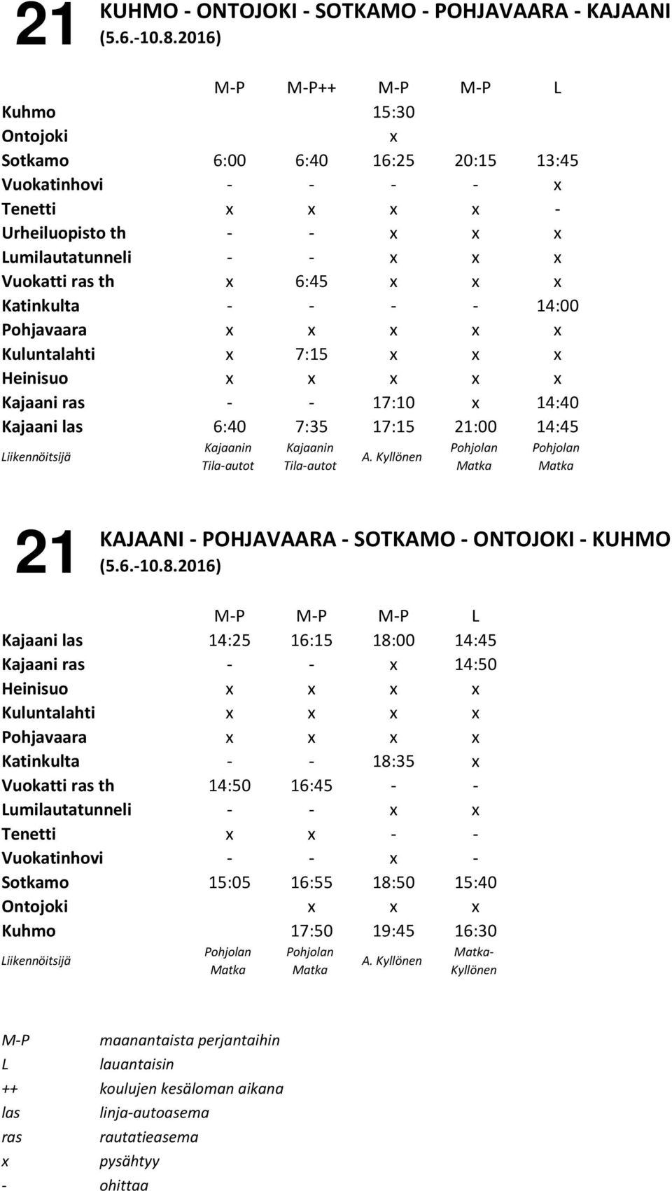 Kyllönen 21 KAJAANI - POHJAVAARA - SOTKAMO - ONTOJOKI - KUHMO M-P M-P M-P L Kajaani 14:25 16:15 18:00 14:45 Kajaani ras - - 14:50 Heinisuo Kuluntalahti Pohjavaara Katinkulta - - 18:35 Vuokatti ras th