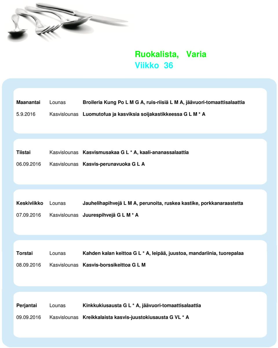 2016 Kasvislounas Kasvis-perunavuoka G L A Keskiviikko Lounas Jauhelihapihvejä L M A, perunoita, ruskea kastike, porkkanaraastetta 07.09.