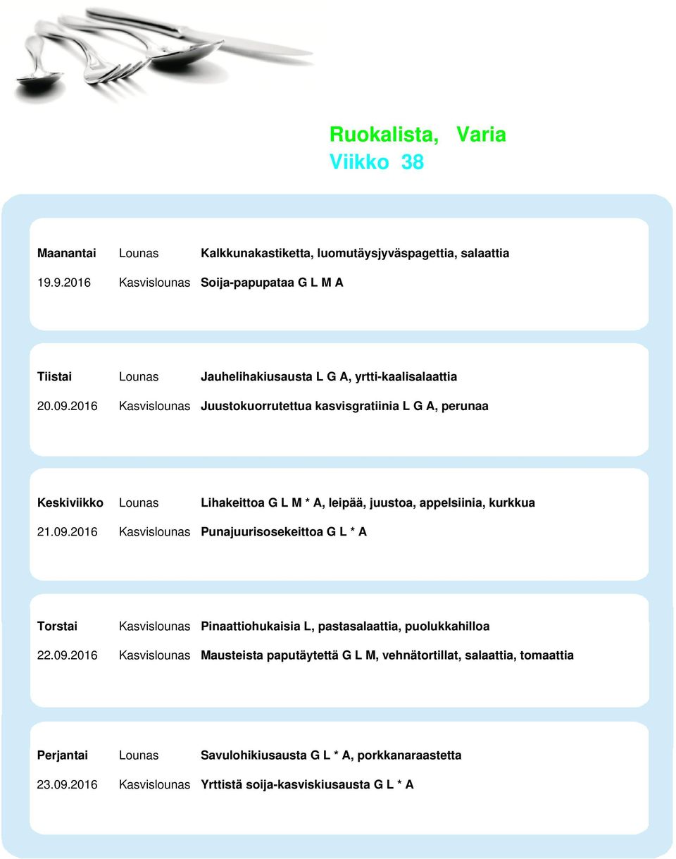 2016 Kasvislounas Juustokuorrutettua kasvisgratiinia L G A, perunaa Keskiviikko Lounas Lihakeittoa G L M * A, leipää, juustoa, appelsiinia, kurkkua 21.09.