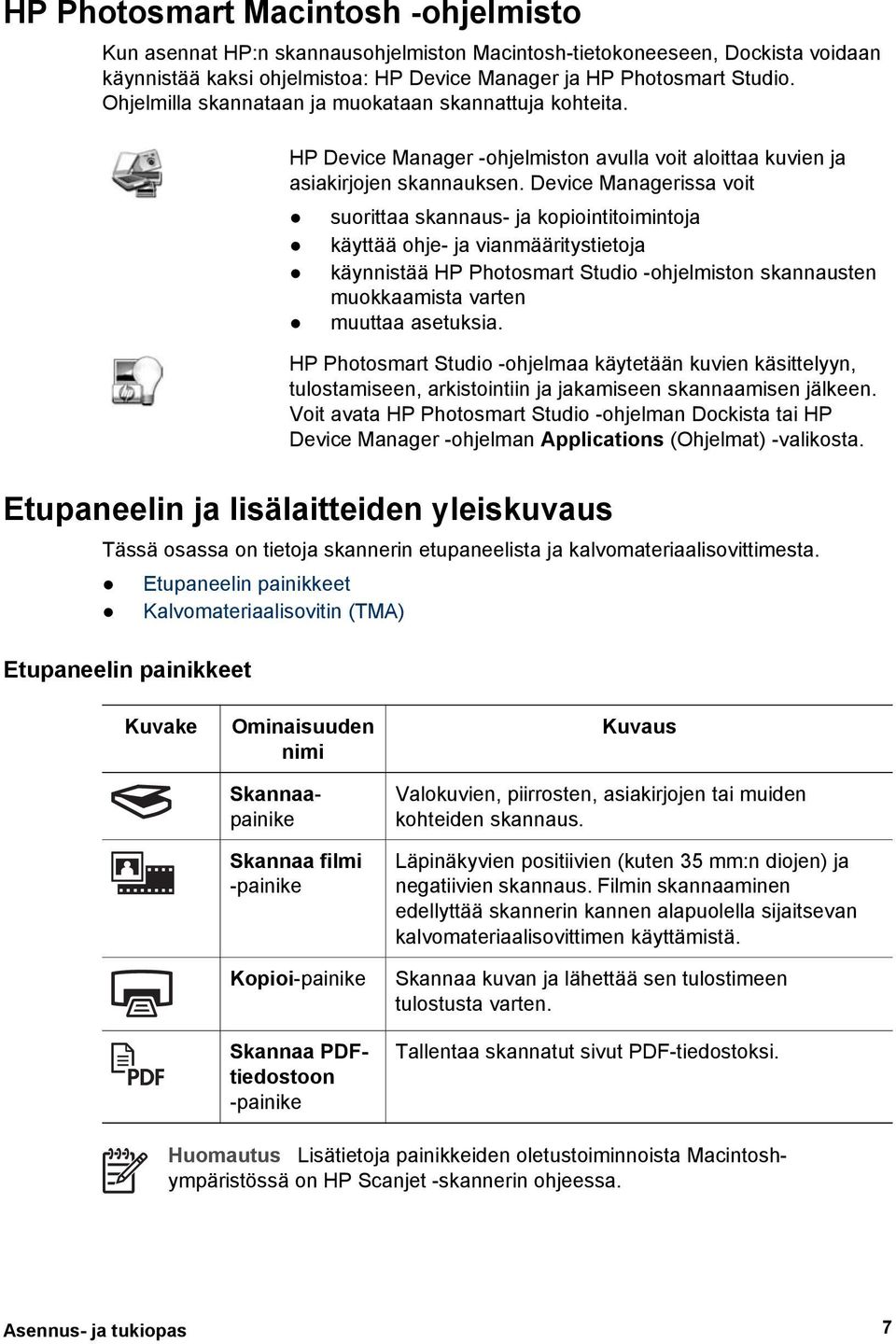 Device Managerissa voit suorittaa skannaus- ja kopiointitoimintoja käyttää ohje- ja vianmääritystietoja käynnistää HP Photosmart Studio -ohjelmiston skannausten muokkaamista varten muuttaa asetuksia.