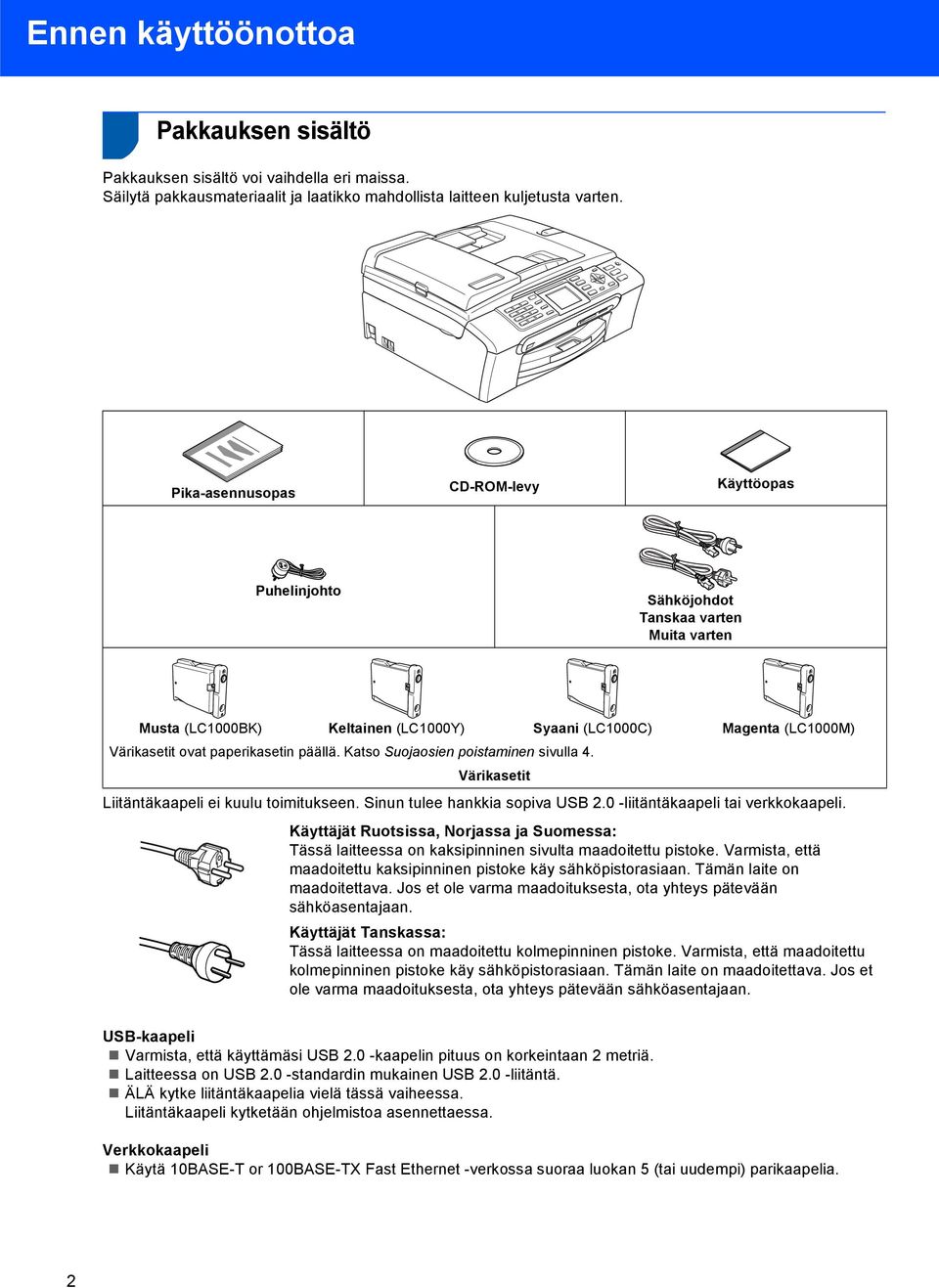 päällä. Katso Suojaosien poistaminen sivulla 4. Värikasetit Liitäntäkaapeli ei kuulu toimitukseen. Sinun tulee hankkia sopiva USB 2.0 -liitäntäkaapeli tai verkkokaapeli.