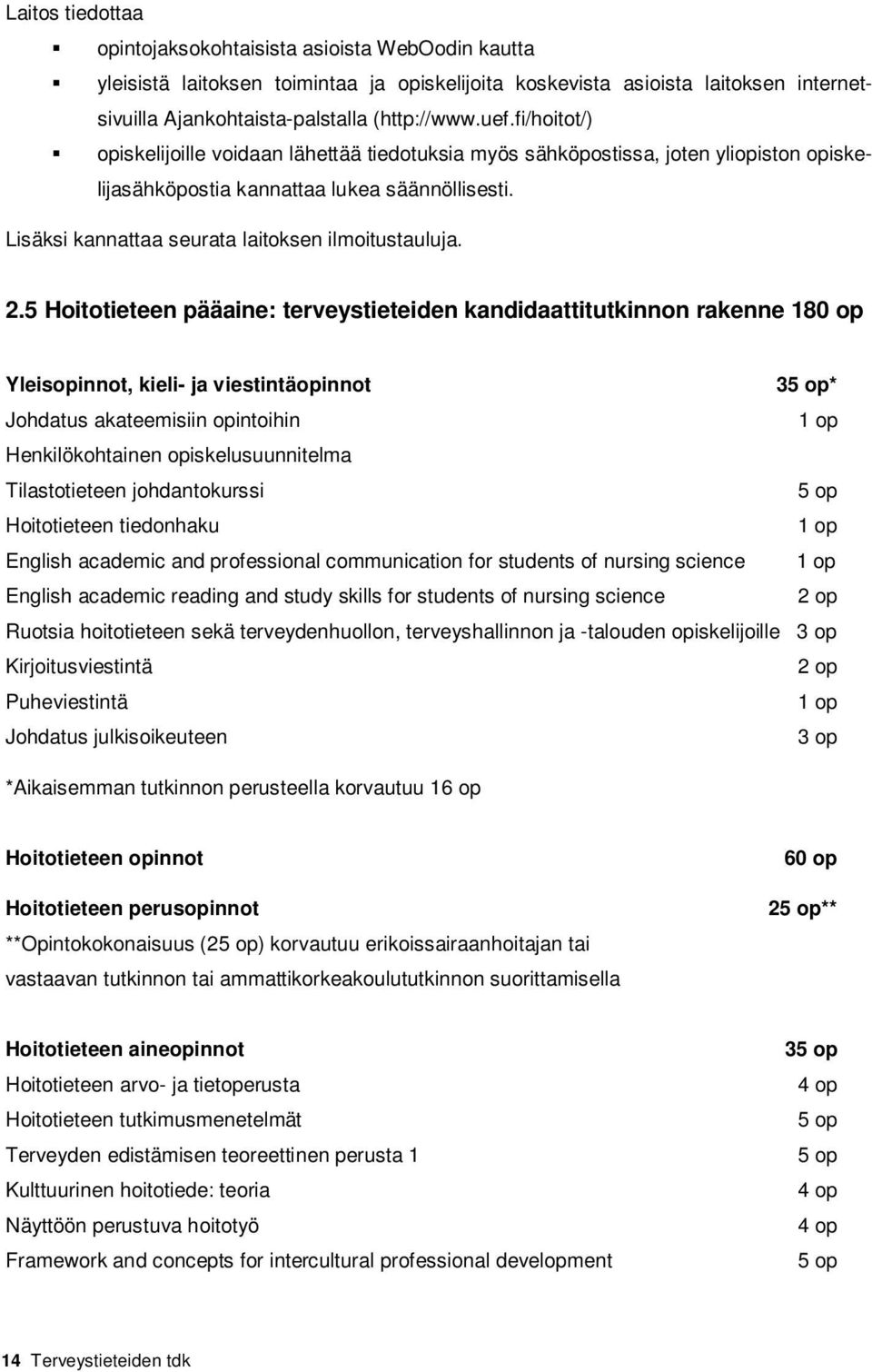 2.5 Hoitotieteen pääaine: terveystieteiden kandidaattitutkinnon rakenne 180 op Yleisopinnot, kieli- ja viestintäopinnot 35 op* Johdatus akateemisiin opintoihin 1 op Henkilökohtainen
