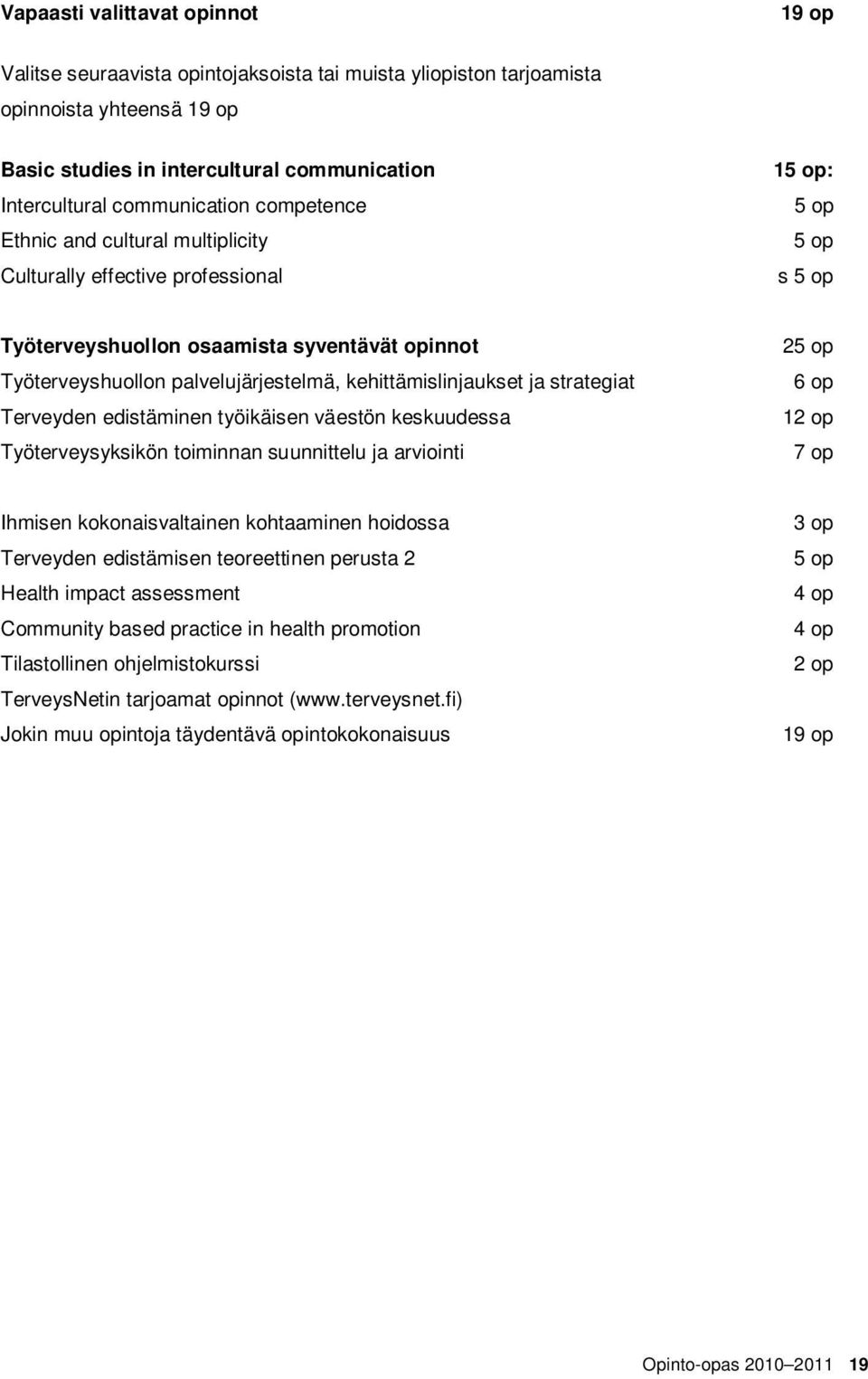 kehittämislinjaukset ja strategiat Terveyden edistäminen työikäisen väestön keskuudessa Työterveysyksikön toiminnan suunnittelu ja arviointi 25 op 6 op 12 op 7 op Ihmisen kokonaisvaltainen