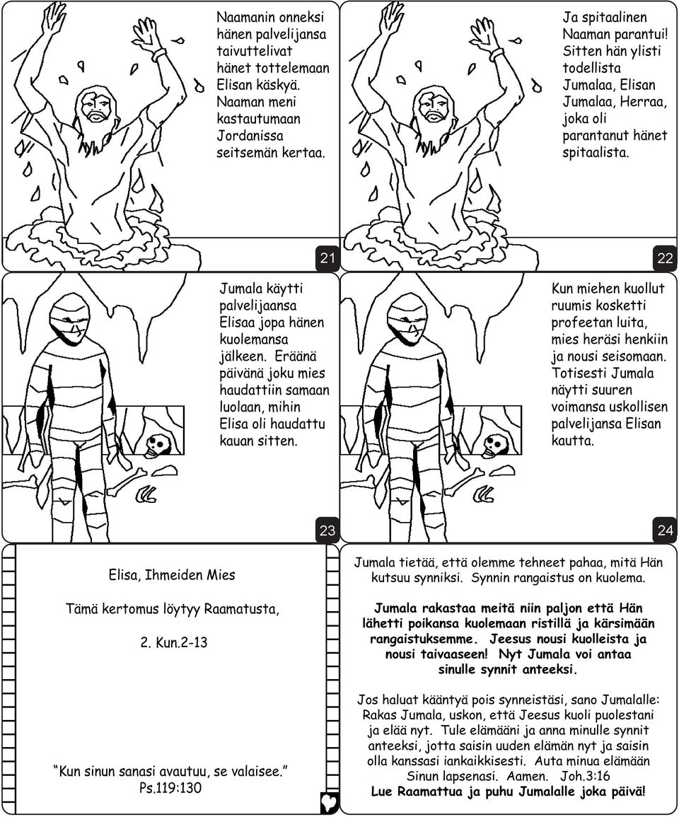 Eräänä päivänä joku mies haudattiin samaan luolaan, mihin Elisa oli haudattu kauan sitten. Kun miehen kuollut ruumis kosketti profeetan luita, mies heräsi henkiin ja nousi seisomaan.