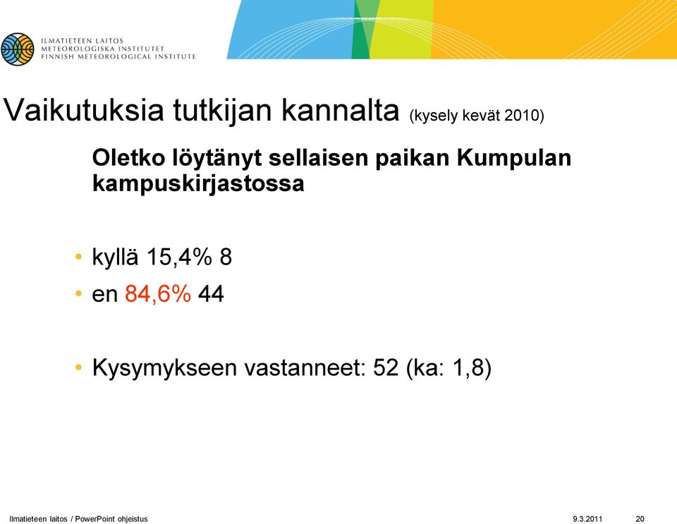 kyllä 15,4% 8 en 84,6% 44 Kysymykseen vastanneet: 52