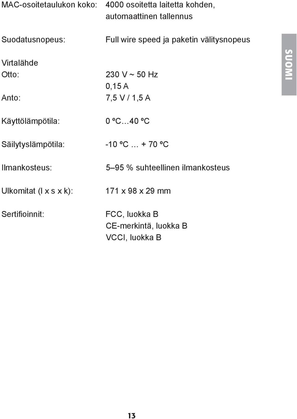 Käyttölämpötila: 0 ºC 40 ºC Säilytyslämpötila: -10 ºC + 70 ºC Ilmankosteus: 5 95 % suhteellinen