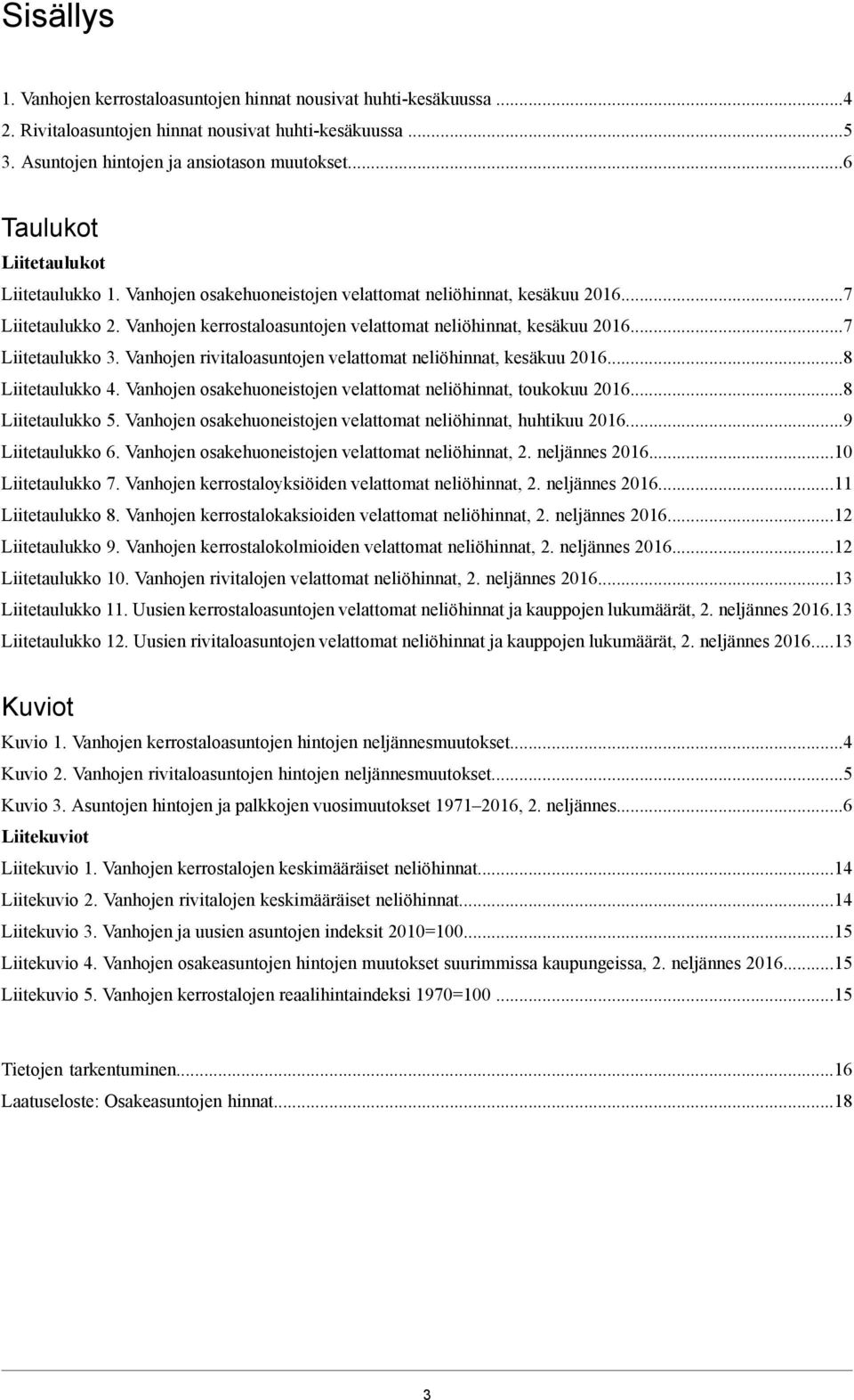 ..7 Liitetaulukko 3. Vanhojen rivitaloasuntojen velattomat neliöhinnat, kesäkuu 2016...8 Liitetaulukko 4. Vanhojen osakehuoneistojen velattomat neliöhinnat, toukokuu 2016...8 Liitetaulukko 5.