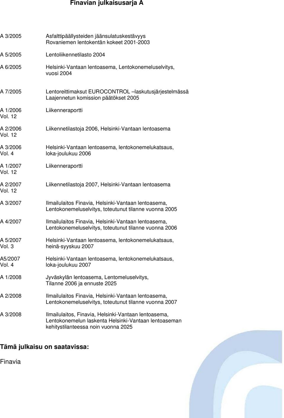 4 A 1/2008 A 2/2008 A 3/2008 Lentoreittimaksut EUROCONTROL laskutusjärjestelmässä Laajennetun komission päätökset 2005 Liikenneraportti Liikennetilastoja 2006, Helsinki-Vantaan lentoasema