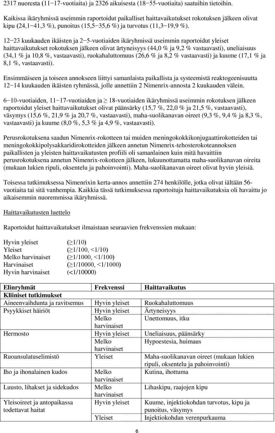 12 23 kuukauden ikäisten ja 2 5-vuotiaiden ikäryhmissä useimmin raportoidut yleiset haittavaikutukset rokotuksen jälkeen olivat ärtyneisyys (44,0 % ja 9,2 % vastaavasti), uneliaisuus (34,1 % ja 10,8