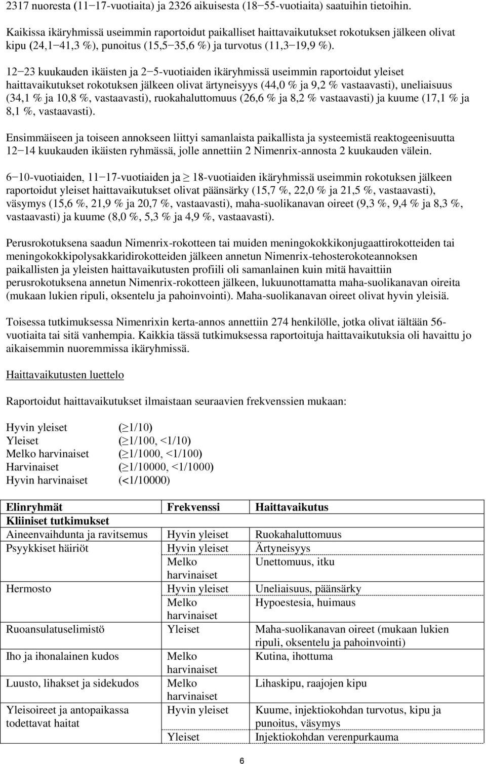 12 23 kuukauden ikäisten ja 2 5-vuotiaiden ikäryhmissä useimmin raportoidut yleiset haittavaikutukset rokotuksen jälkeen olivat ärtyneisyys (44,0 % ja 9,2 % vastaavasti), uneliaisuus (34,1 % ja 10,8