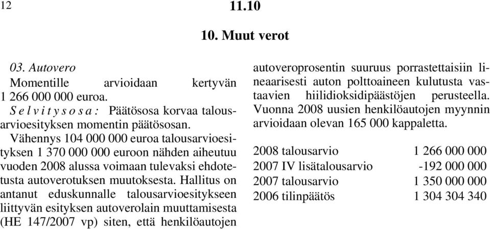 Hallitus on antanut eduskunnalle talousarvioesitykseen liittyvän esityksen autoverolain muuttamisesta (HE 147/2007 vp) siten, että henkilöautojen autoveroprosentin suuruus