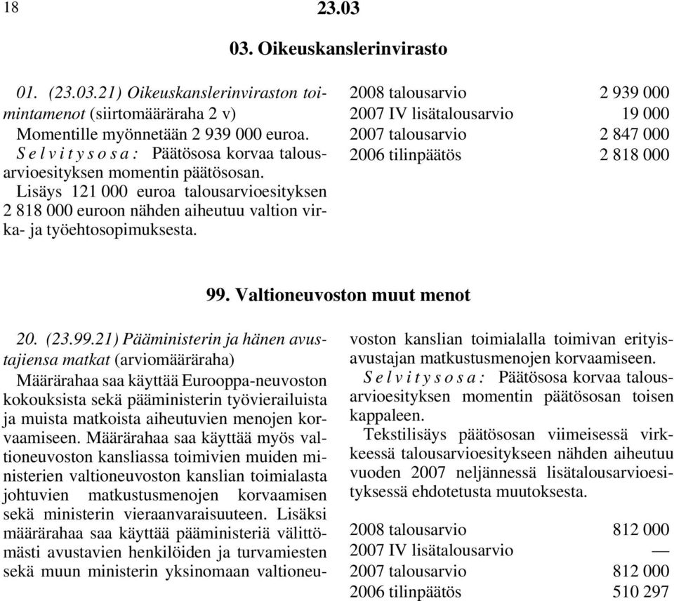 2008 talousarvio 2 939 000 2007 IV lisätalousarvio 19 000 2007 talousarvio 2 847 000 2006 tilinpäätös 2 818 000 99.