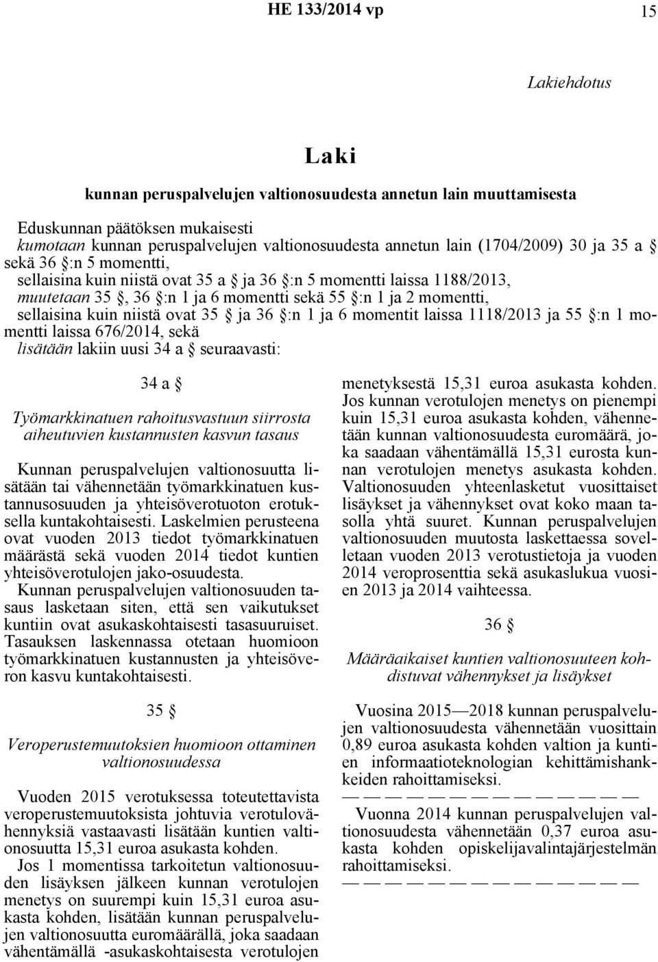 :n 1 ja 6 momentit laissa 1118/2013 ja 55 :n 1 momentti laissa 676/2014, sekä lisätään lakiin uusi 34 a seuraavasti: 34 a Työmarkkinatuen rahoitusvastuun siirrosta aiheutuvien kustannusten kasvun