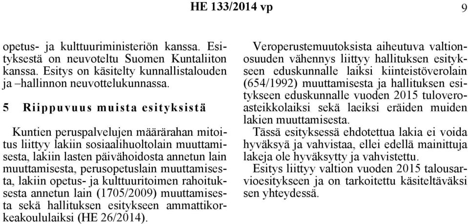 muuttamisesta, lakiin opetus- ja kulttuuritoimen rahoituksesta annetun lain (1705/2009) muuttamisesta sekä hallituksen esitykseen ammattikorkeakoululaiksi (HE 26/2014).