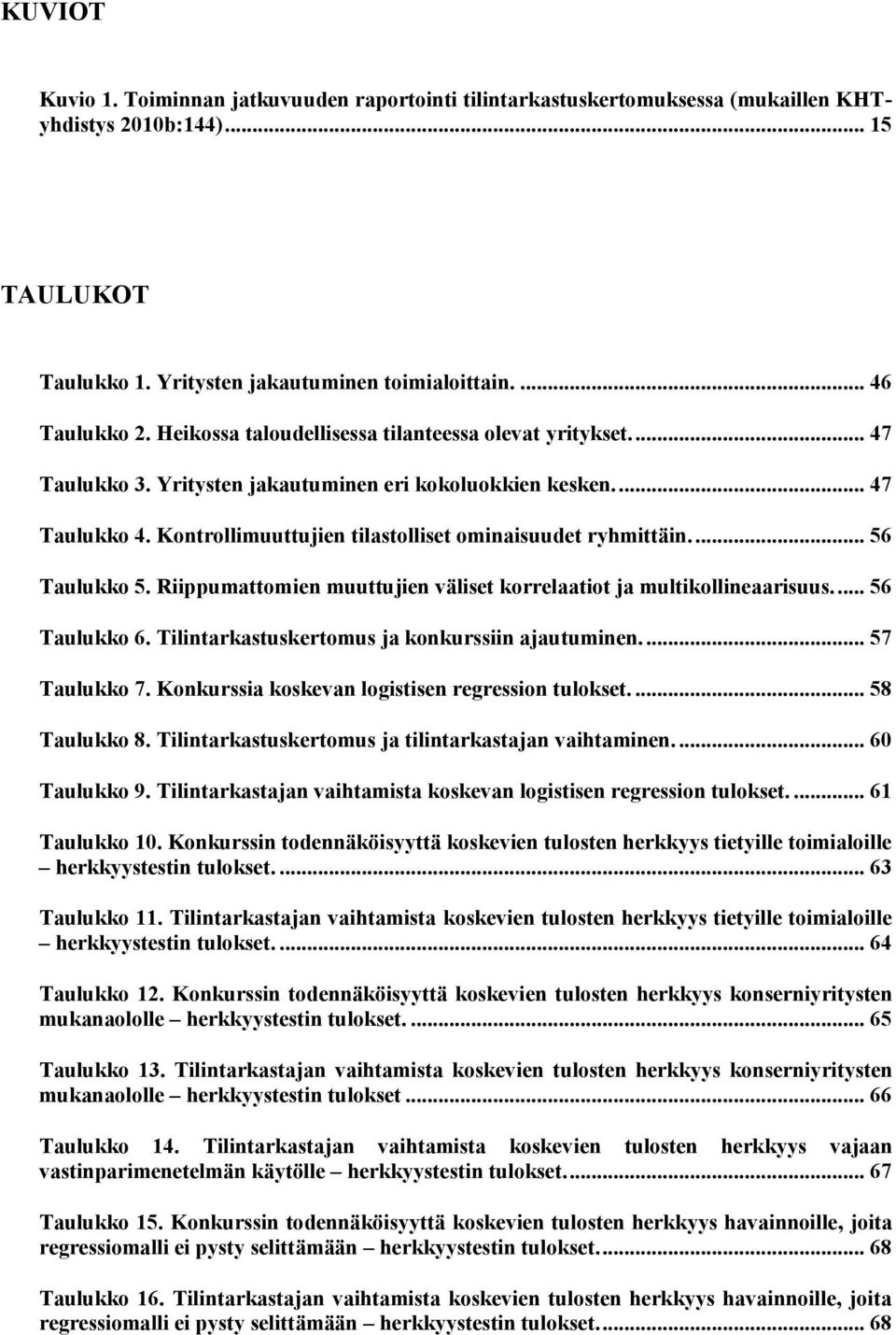 ... 56 Taulukko 5. Riippumattomien muuttujien väliset korrelaatiot ja multikollineaarisuus.... 56 Taulukko 6. Tilintarkastuskertomus ja konkurssiin ajautuminen.... 57 Taulukko 7.
