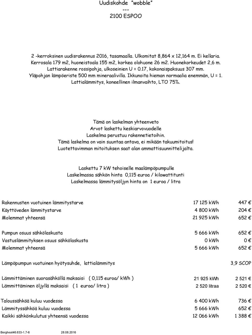 Lattialämmitys, koneellinen ilmanvaihto, LTO 75%. Tämä on laskelman yhteenveto Arvot laskettu keskiarvovuodelle Laskelma perustuu rakennetietoihin.