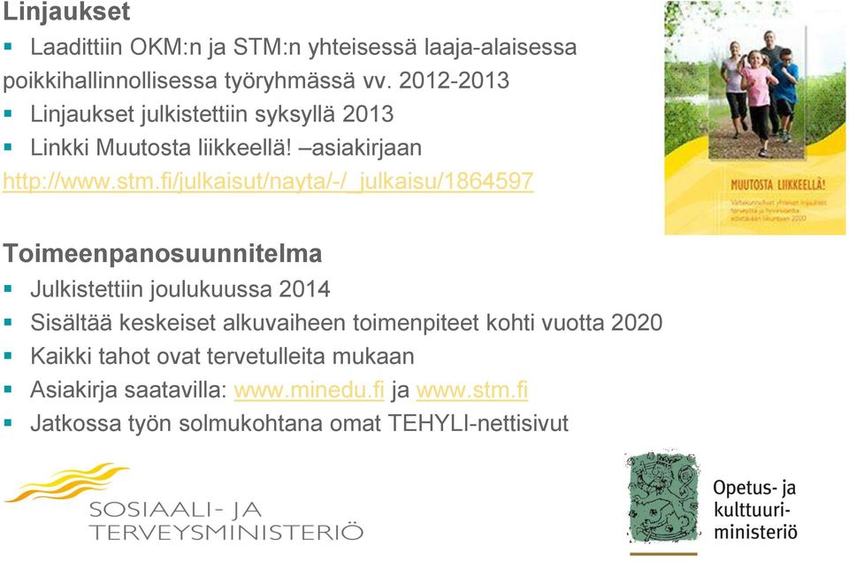 fi/julkaisut/nayta/-/_julkaisu/1864597 Toimeenpanosuunnitelma Julkistettiin joulukuussa 2014 Sisältää keskeiset alkuvaiheen