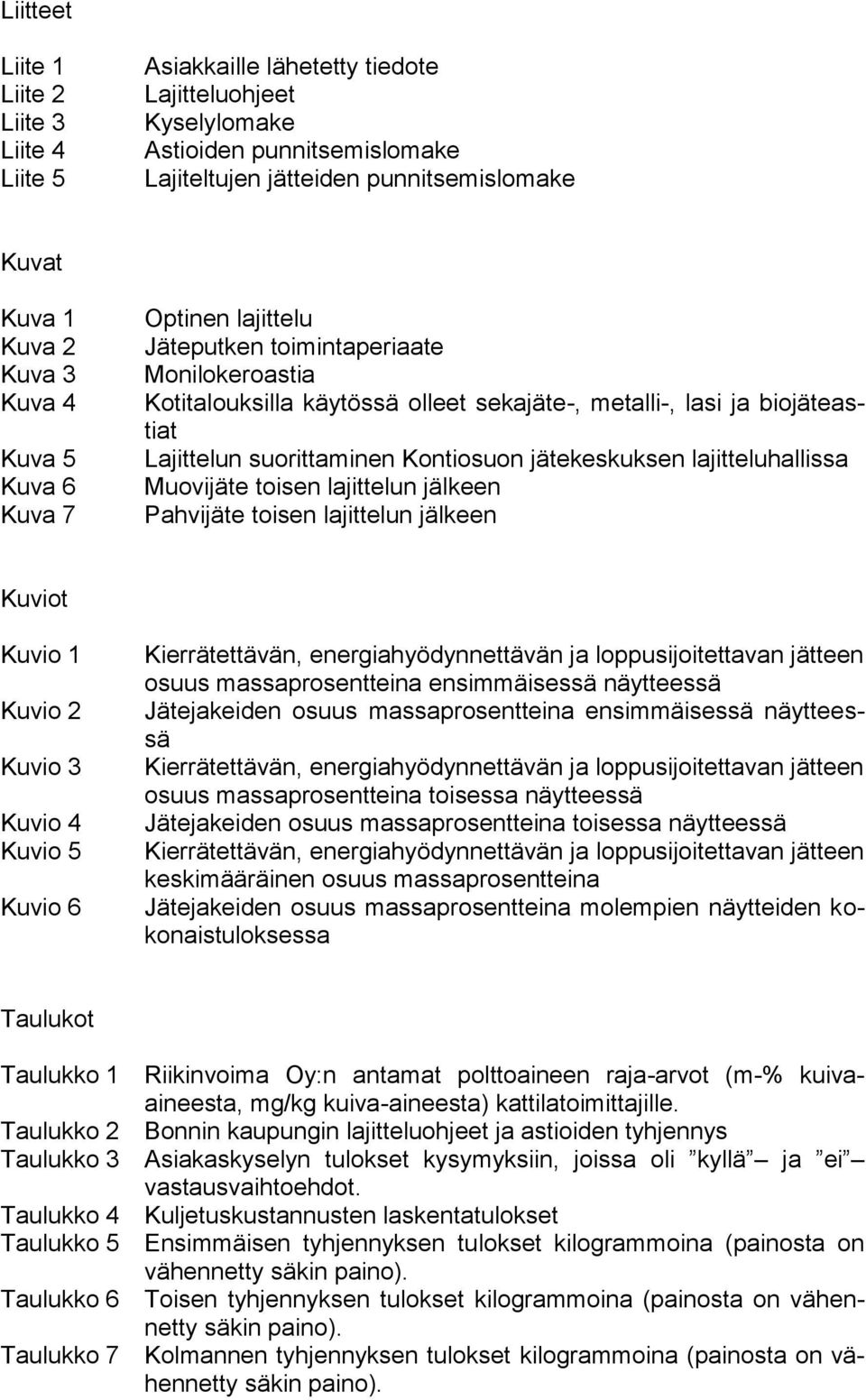 Kontiosuon jätekeskuksen lajitteluhallissa Muovijäte toisen lajittelun jälkeen Pahvijäte toisen lajittelun jälkeen Kuviot Kuvio 1 Kuvio 2 Kuvio 3 Kuvio 4 Kuvio 5 Kuvio 6 Kierrätettävän,