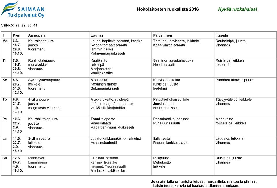 6. 20.7. 31.8. 12.10. Sydänystävänpuuro Moussaka Kesäinen raaste Sekamarjakiisseli Kasvissosekeitto, Punaherukkavispipuuro To 9.6. 21.7. 1.9. 13.10. marjasose/ Makkarakeitto, Jäätelö marjat/ marjasose vk 35 alk.