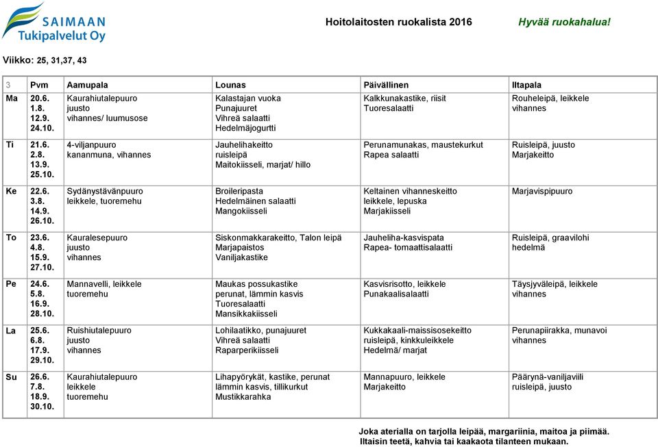 kananmuna, Jauhelihakeitto Maitokiisseli, marjat/ hillo Perunamunakas, maustekurkut Rapea salaatti Ruisleipä, Ke 22.6. 3.8. 14.9. 26.10.