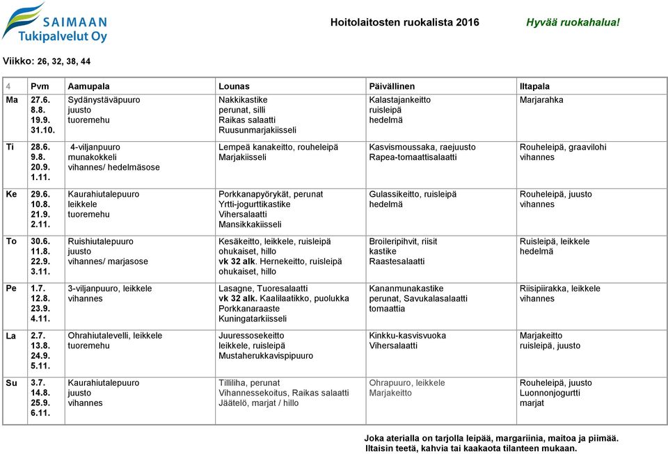 / sose Lempeä kanakeitto, rouheleipä Kasvismoussaka, rae Rapea-tomaattisalaatti Rouheleipä, graavilohi Ke 29.6. 10.8. 21.9. 2.11.