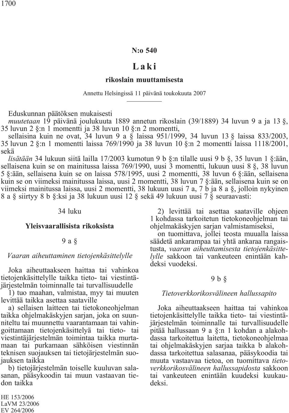 10 :n 2 momentti laissa 1118/2001, sekä lisätään 34 lukuun siitä lailla 17/2003 kumotun 9 b :n tilalle uusi 9b,35luvun 1 :ään, sellaisena kuin se on mainitussa laissa 769/1990, uusi 3 momentti,