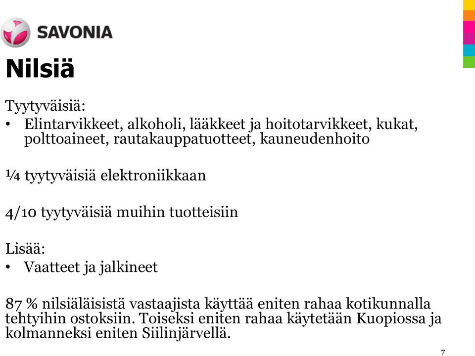 tuotteisiin Lisää: Vaatteet ja jalkineet 87 % nilsiäläisistä vastaajista käyttää eniten rahaa