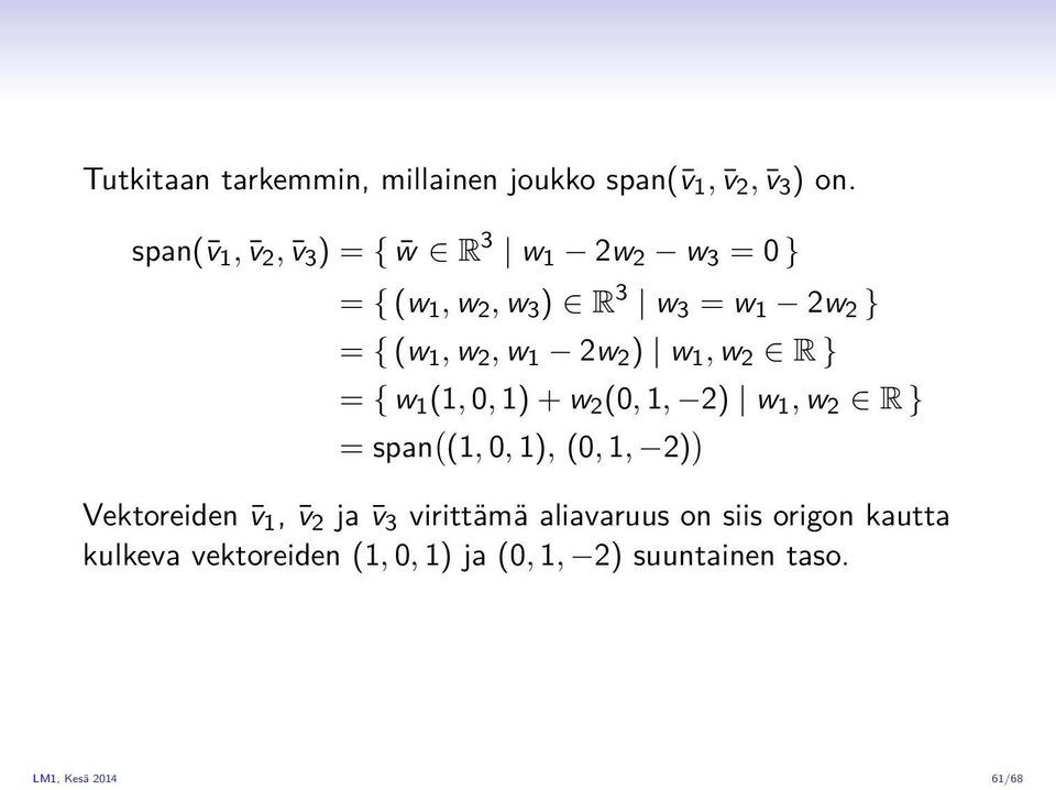 2, w 1 2w 2 ) w 1, w 2 R } = { w 1 (1, 0, 1) + w 2 (0, 1, 2) w 1, w 2 R } = span ( (1, 0, 1), (0, 1, 2) )