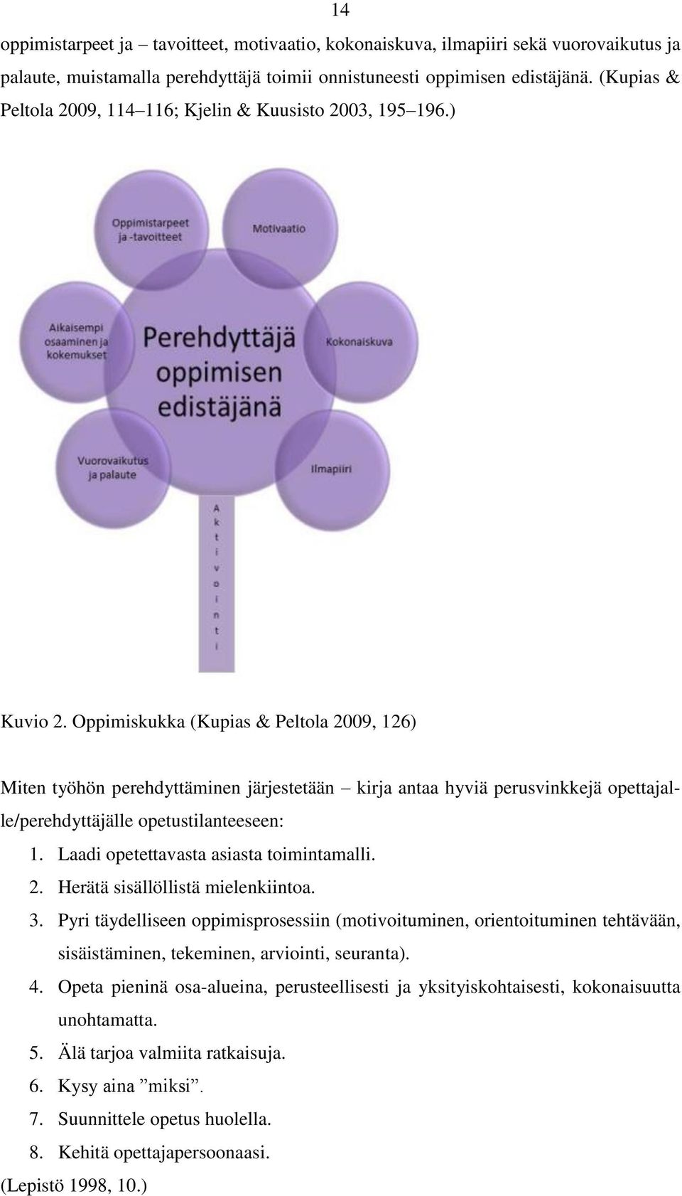 Oppimiskukka (Kupias & Peltola 2009, 126) Miten työhön perehdyttäminen järjestetään kirja antaa hyviä perusvinkkejä opettajalle/perehdyttäjälle opetustilanteeseen: 1.