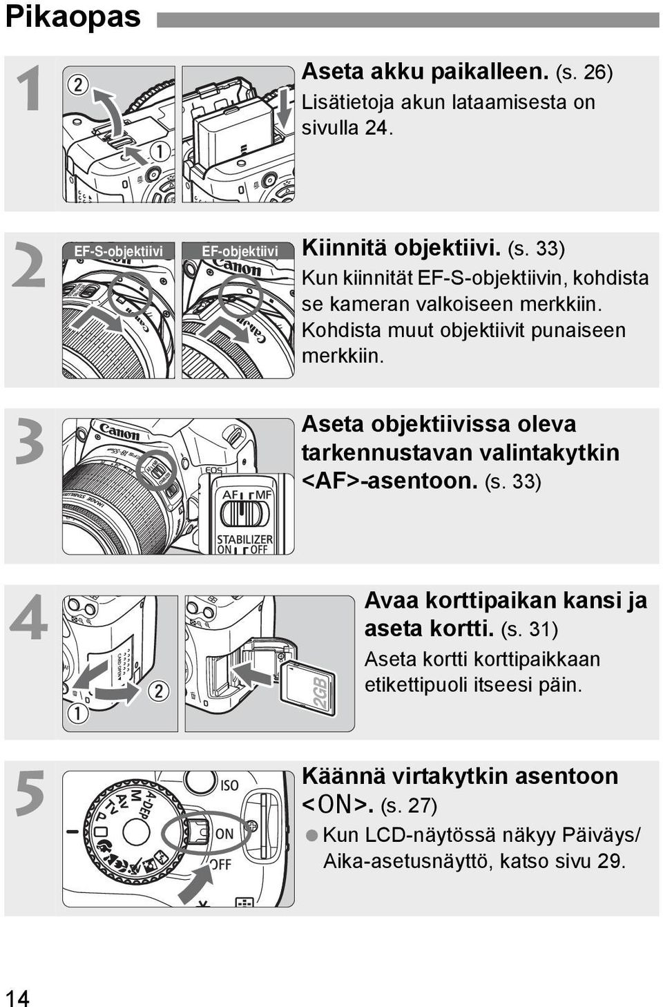 3 Aseta objetiivissa oleva tarennustavan valintaytin <AF>-asentoon. (s. 33) 4 Avaa orttipaian ansi ja aseta ortti. (s. 31) Aseta ortti orttipaiaan etiettipuoli itseesi päin.