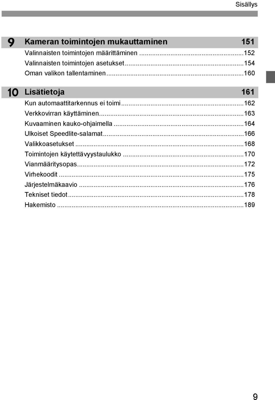 ..160 10 Lisätietoja 161 Kun automaattitarennus ei toimi...162 Verovirran äyttäminen...163 Kuvaaminen auo-ohjaimella.