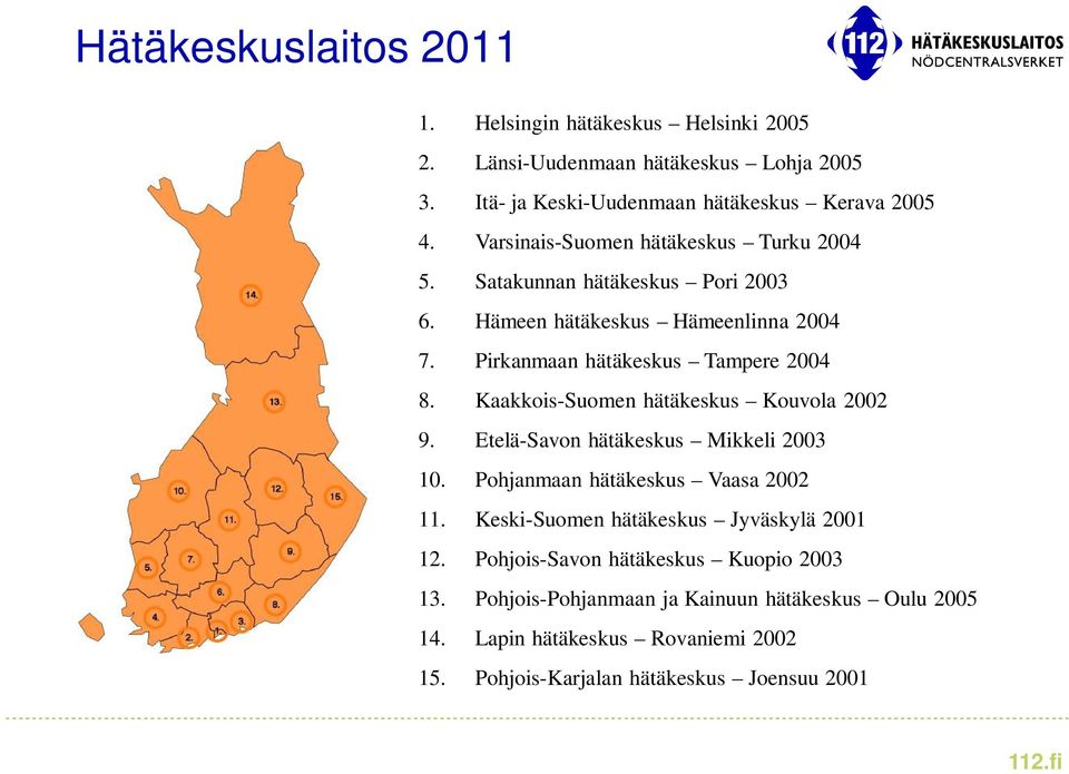 Kaakkois-Suomen hätäkeskus Kouvola 2002 9. Etelä-Savon hätäkeskus Mikkeli 2003 10. Pohjanmaan hätäkeskus Vaasa 2002 11.