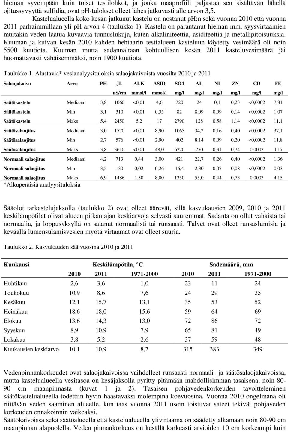 syysvirtaamien muitakin veden laatua kuvaavia tunnuslukuja, kuten alkaliniteettia, asiditeettia ja metallipitoisuuksia.