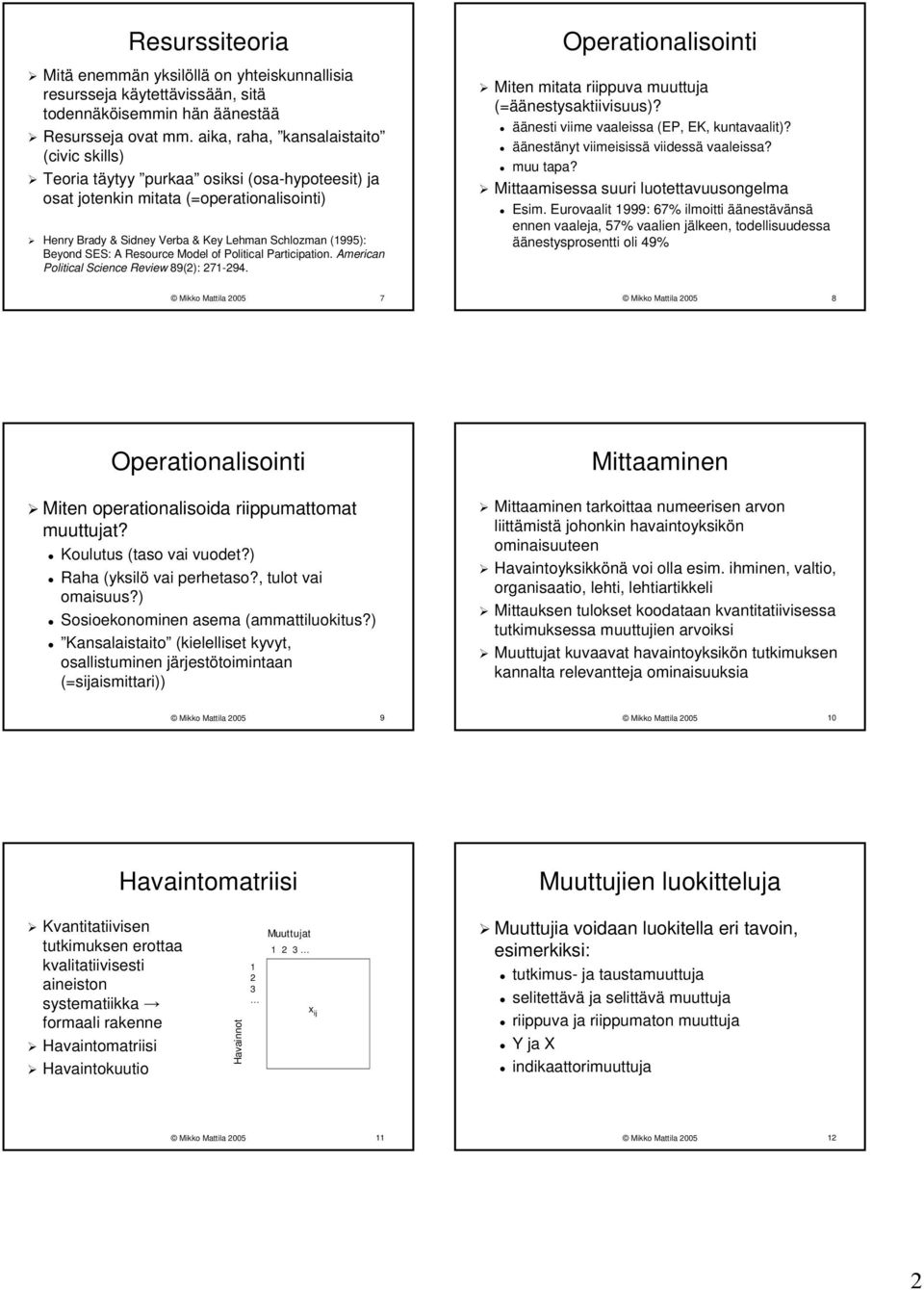 SES: A Resource Model of Political Participation. American Political Science Review 89(2): 271-294. Operationalisointi Miten mitata riippuva muuttuja (=äänestysaktiivisuus)?