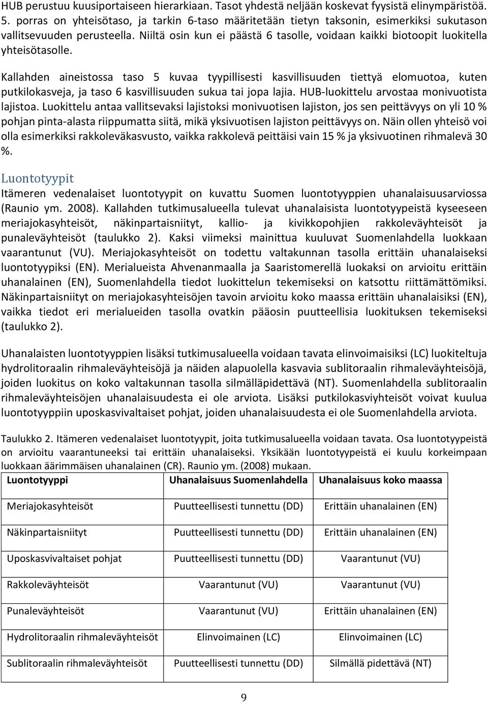 Niiltä osin kun ei päästä 6 tasolle, voidaan kaikki biotoopit luokitella yhteisötasolle.