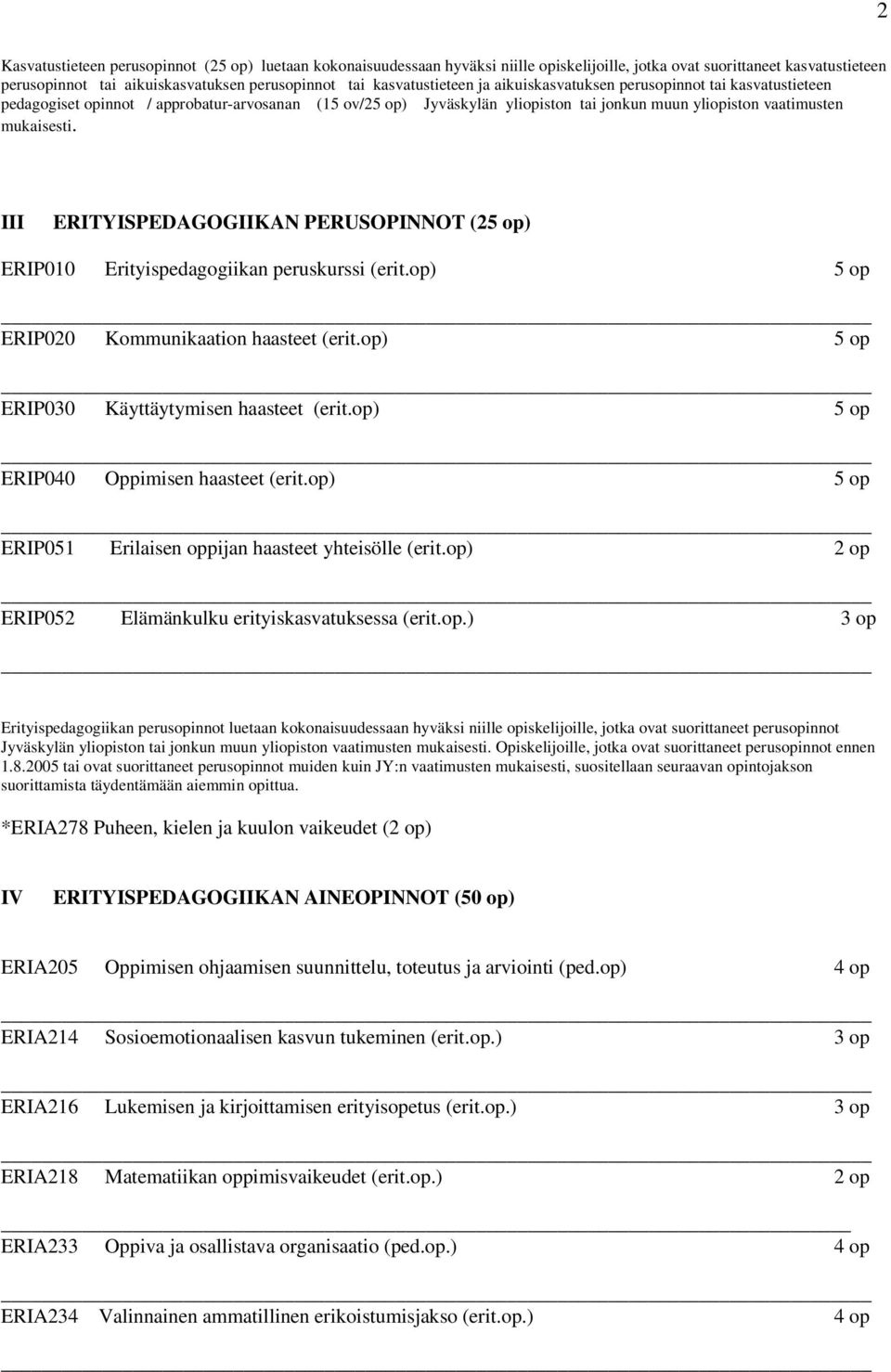 III ERITYISPEDAGOGIIKAN PERUSOPINNOT (25 op) ERIP010 Erityispedagogiikan peruskurssi (erit.op) 5 op ERIP020 Kommunikaation haasteet (erit.op) 5 op ERIP030 Käyttäytymisen haasteet (erit.