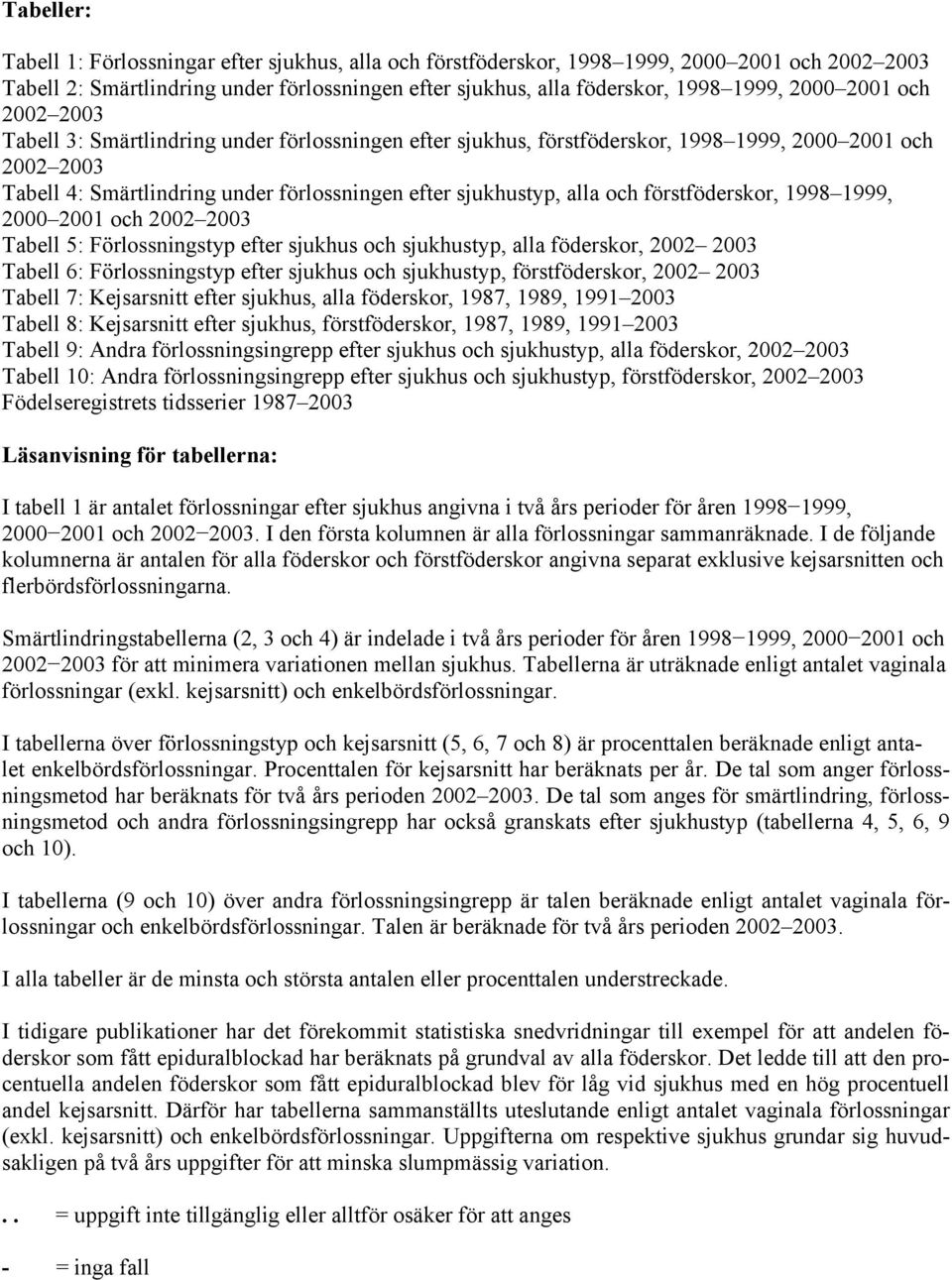 förstföderskor, 1998 1999, 2000 2001 och 2002 2003 Tabell 5: Förlossningstyp efter sjukhus och sjukhustyp, alla föderskor, 2002 2003 Tabell 6: Förlossningstyp efter sjukhus och sjukhustyp,