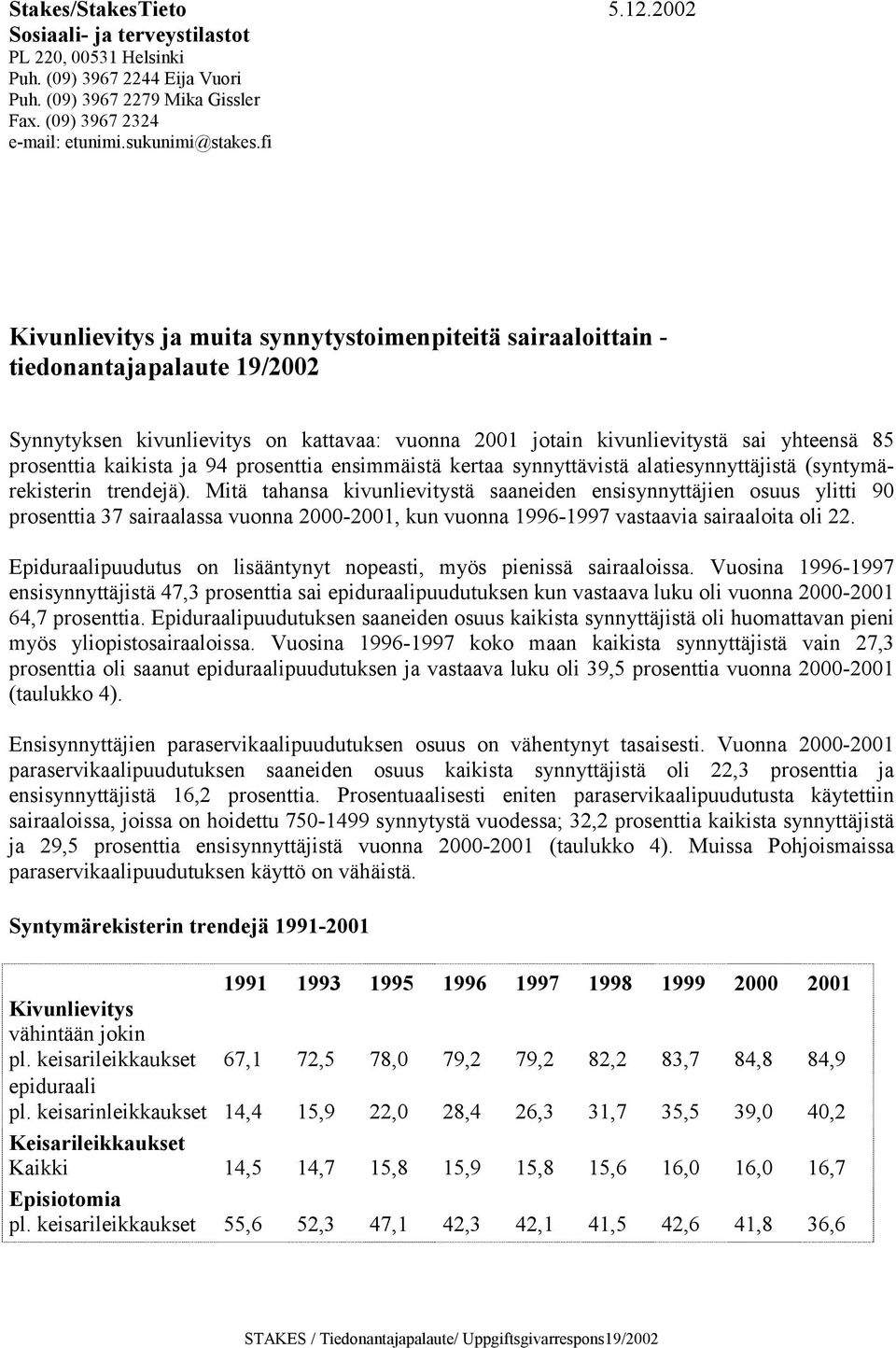 kaikista ja 94 prosenttia ensimmäistä kertaa synnyttävistä alatiesynnyttäjistä (syntymärekisterin trendejä).