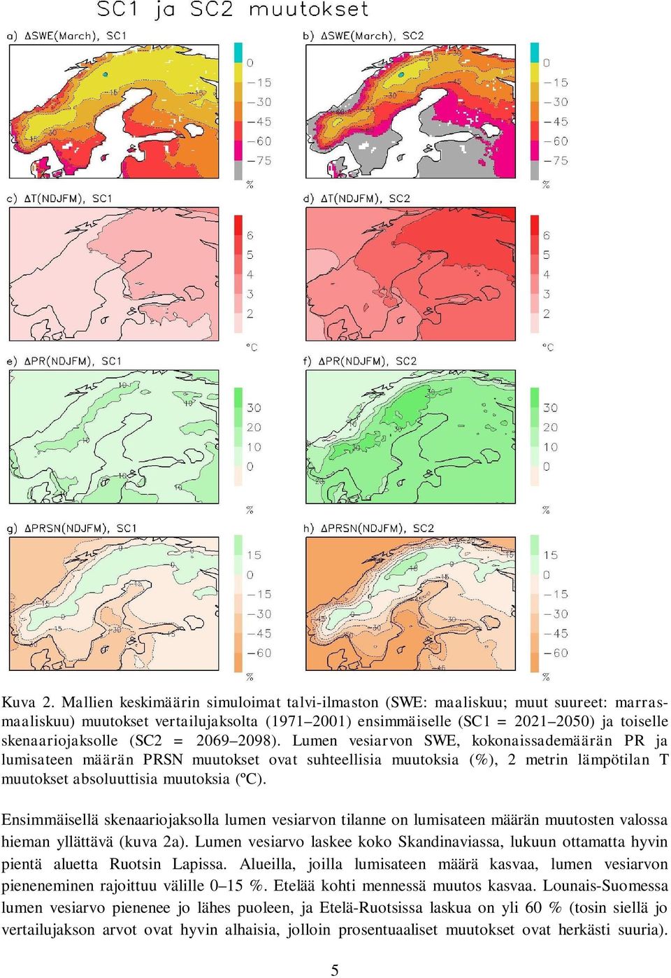 = 2069 2098). Lumen vesiarvon SWE, kokonaissademäärän PR ja lumisateen määrän PRSN muutokset ovat suhteellisia muutoksia (%), 2 metrin lämpötilan T muutokset absoluuttisia muutoksia (ºC).