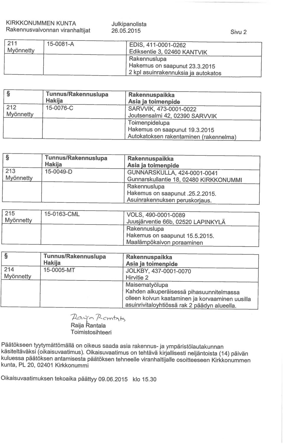 2015 2 kpl asuinrakennuksia ja autokatos 212 Tunnus/ Rakennuspaikka 15-0076-C SARVVIK, 473-0001-0022 Joutsensalmi 42, 02390 SARVVIK Hakemus on saapunut 19. 3.