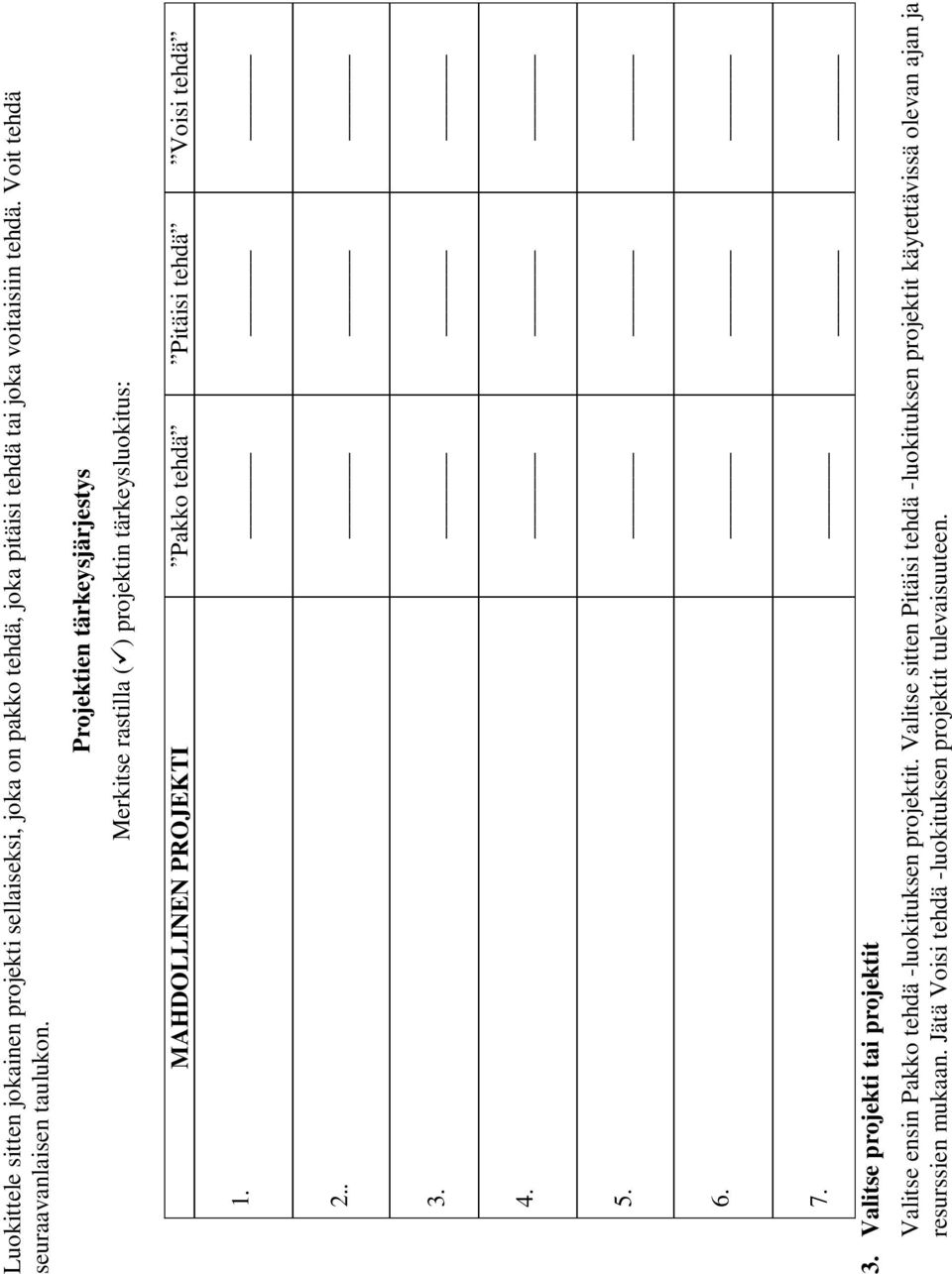 Projektien tärkeysjärjestys Merkitse rastilla ( ) projektin tärkeysluokitus: MAHDOLLINEN PROJEKTI Pakko tehdä Pitäisi tehdä Voisi tehdä 1.