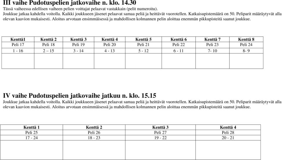 Aloitus arvotaan ensimmäisessä ja mahdollisen kolmannen pelin aloittaa enemmän pikkupisteitä saanut joukkue.