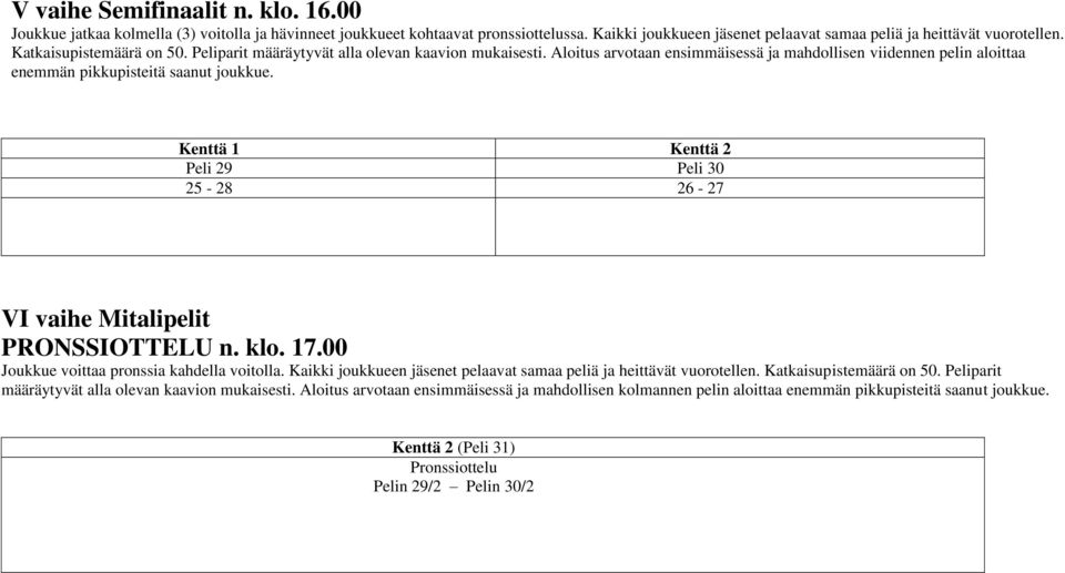 Kenttä 1 Kenttä 2 Peli 29 Peli 30 25-28 26-27 VI vaihe Mitalipelit PRONSSIOTTELU n. klo. 17.00 Joukkue voittaa pronssia kahdella voitolla.