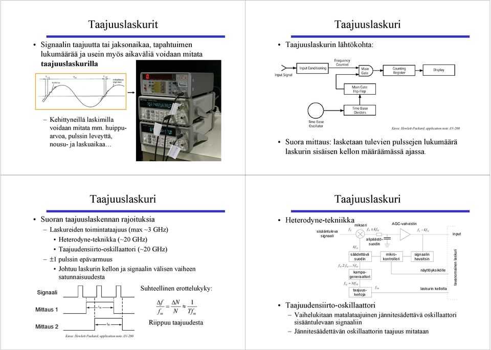 huippuaroa, pulssin leeyttä, nousu ja laskuaikaa Kua: HewlettPackard, application note AN200 Suora mittaus: lasketaan tuleien pulssejen lukumäärä laskurin sisäisen kellon määräämässä ajassa.