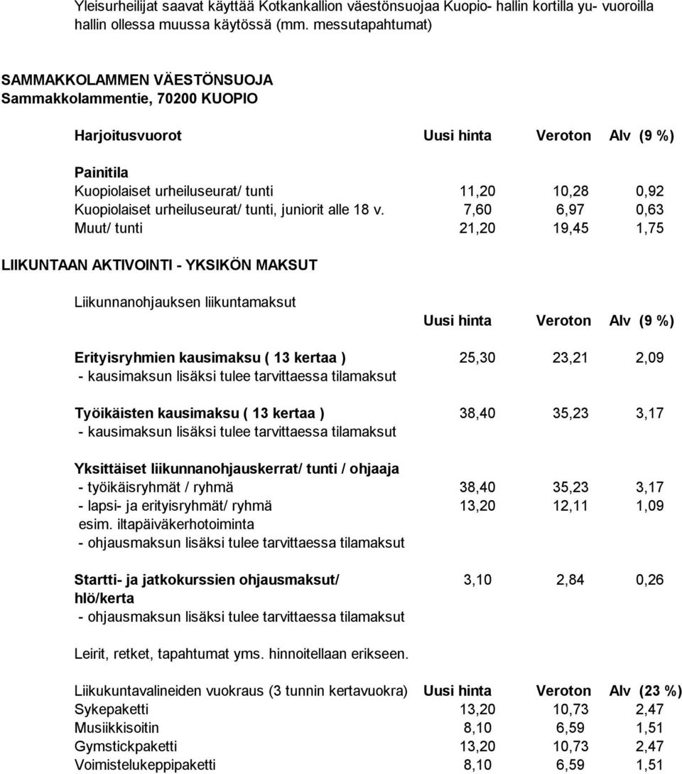 7,60 6,97 0,63 Muut/ tunti 21,20 19,45 1,75 LIIKUNTAAN AKTIVOINTI - YKSIKÖN MAKSUT Liikunnanohjauksen liikuntamaksut Erityisryhmien kausimaksu ( 13 kertaa ) 25,30 23,21 2,09 - kausimaksun lisäksi