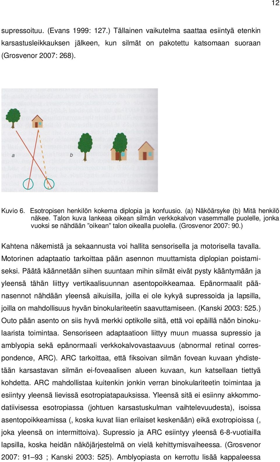 Talon kuva lankeaa oikean silmän verkkokalvon vasemmalle puolelle, jonka vuoksi se nähdään oikean talon oikealla puolella. (Grosvenor 2007: 90.