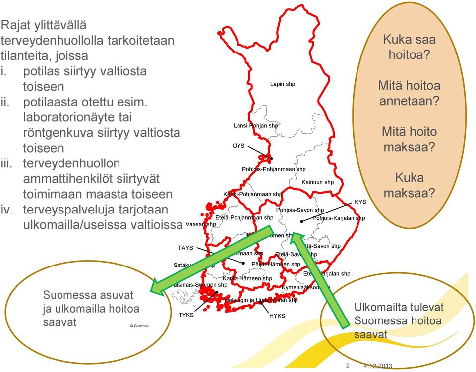 terveyspalveluja tarjotaan ulkomailla/useissa valtioissa Suomessa asuvat ja ulkomailla hoitoa saavat Genimap TAYS TYKS OYS Keski-Pohjanmaan shp KYS Pohjois-Savon shp Etelä-Pohjanmaan shp